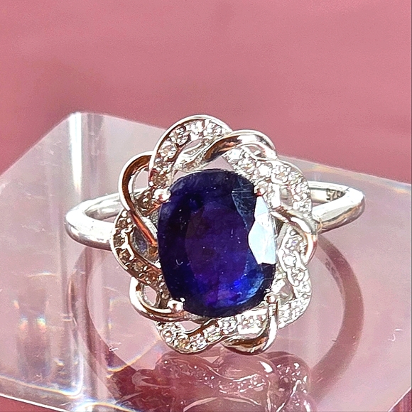 925 Sterling Silver Ring Sz 7.5 with Natural 8x10mm Sapphire Gemstone - Picture 2 of 8